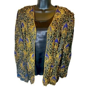 Parisian Room Gold beaded/ Glass beads Embroidered 100% Silk Jacket L VINTAGE